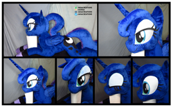Size: 3649x2297 | Tagged: safe, artist:akiacreations, princess luna, alicorn, pony, g4, alternate hairstyle, clothes, eyes closed, female, folded wings, freckles, high res, horn, irl, lidded eyes, life size, mare, missing accessory, photo, plushie, ponytail, prone, socks, solo, striped socks, wings