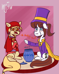 Size: 4000x5000 | Tagged: safe, artist:mjsw, pony, a hat in time, blushing, cookie, cookie jar, duo, food, hat kid, mustache girl, ponified, unamused