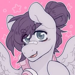 Size: 2048x2048 | Tagged: safe, artist:misocosmis, oc, oc only, oc:vylet, pegasus, pony, bandaid, bandaid on nose, bust, female, hair bun, headphones, high res, mare, open mouth, portrait, solo, wings