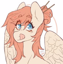 Size: 2019x2048 | Tagged: safe, artist:misocosmis, oc, oc only, pegasus, pony, bust, chopsticks in hair, female, hair bun, high res, licking, licking lips, mare, portrait, simple background, solo, tongue out, white background, wings