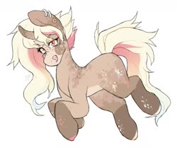 Size: 2048x1710 | Tagged: safe, artist:misocosmis, oc, oc only, pony, unicorn, blank flank, curved horn, ear piercing, earring, female, horn, jewelry, licking, licking lips, mare, piercing, simple background, solo, tongue out, white background