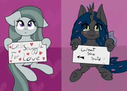 Size: 975x700 | Tagged: safe, artist:llametsul, marble pie, queen chrysalis, changeling, changeling queen, earth pony, pony, g4, blushing, bronybait, cute, cutealis, duo, eye clipping through hair, female, floppy ears, heart, holding sign, marblebetes, mare, offering, sign, text, will x for y