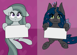 Size: 975x700 | Tagged: safe, artist:llametsul, marble pie, queen chrysalis, changeling, changeling queen, earth pony, pony, g4, :<, eye clipping through hair, female, floppy ears, heart, holding sign, looking at you, meme template