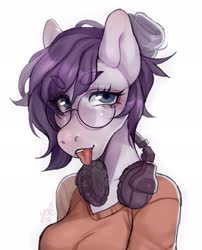 Size: 1652x2048 | Tagged: safe, artist:misocosmis, oc, oc only, oc:vylet, pegasus, anthro, :p, clothes, female, glasses, hair bun, headphones, mare, simple background, solo, tongue out, white background