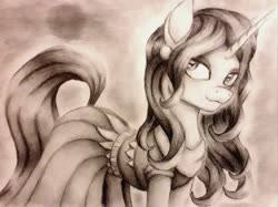 Size: 3033x2274 | Tagged: safe, artist:omnisimon11, nile faras, pony, unicorn, g4, beautiful, female, high res, lovely, mare, monochrome, smiling, solo, traditional art