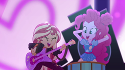 Size: 1920x1080 | Tagged: safe, screencap, pinkie pie, sunset shimmer, equestria girls, equestria girls specials, g4, my little pony equestria girls: better together, my little pony equestria girls: sunset's backstage pass, drums, female, guitar, musical instrument