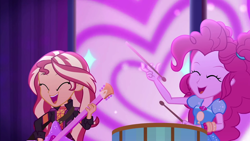 Size: 1920x1080 | Tagged: safe, screencap, pinkie pie, sunset shimmer, equestria girls, equestria girls specials, g4, my little pony equestria girls: better together, my little pony equestria girls: sunset's backstage pass, drums, eyes closed, female, guitar, musical instrument, screen