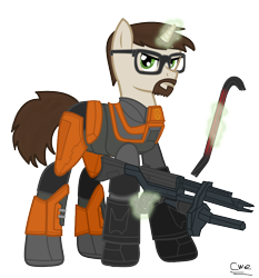 Size: 840x903 | Tagged: safe, artist:99999999000, pony, unicorn, ar2, clothes, crowbar, glasses, gordon freeman, gun, half-life, half-life 2, hev suit, male, ponified, pulse rifle, rifle, simple background, solo, suit, transparent background, video game, weapon
