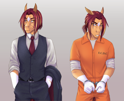 Size: 3235x2637 | Tagged: safe, artist:askbubblelee, oc, oc only, oc:sunstreak quartz, pegasus, anthro, anthro oc, clothes, cuffs, digital art, duo, high res, male, prison outfit, scar, shirt, stallion, suit, undershirt, wingless, wingless anthro