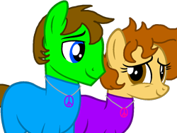 Size: 932x699 | Tagged: safe, artist:angrybeavers1997, oc, oc only, oc:aspen, oc:ryan, earth pony, pony, bodysuit, catsuit, couple, female, hippie, holiday, jewelry, latex, latex suit, looking at each other, male, necklace, peace suit, peace symbol, romantic, rubber suit, simple background, straight, transformation, transparent background, valentine's day