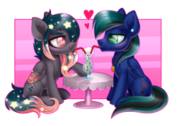 Size: 1762x1258 | Tagged: safe, artist:sickly-sour, oc, oc only, oc:ender, oc:star universe, pegasus, pony, blushing, cookies and cream, cute, ear piercing, earring, ethereal mane, female, food, heart, hearts and hooves day, in love, jewelry, looking at each other, love, love is in the air, male, mare, milkshake, piercing, sharing a drink, simple background, stallion, starry mane, stender, straw, table, transparent background, whipped cream