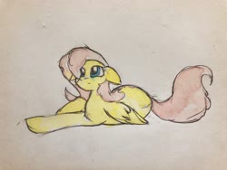 Size: 4032x3024 | Tagged: safe, artist:papersurgery, fluttershy, pegasus, pony, g4, female, lying down, solo, traditional art, watercolor painting