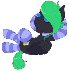 Size: 1277x1308 | Tagged: safe, artist:duskyvelvet, oc, oc only, oc:duskyvelvet, pegasus, pony, adult, armpits, blue eyeshadow, chest fluff, clothes, collar, cute, eyes closed, eyeshadow, female, folded wings, freckles, grin, makeup, mare, simple background, smiling, socks, solo, stockings, striped socks, thigh highs, transparent background, wing fluff, wings