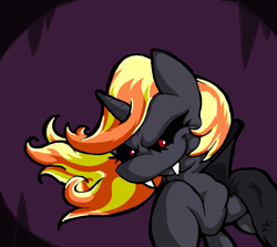 Size: 896x798 | Tagged: safe, artist:lucas_gaxiola, oc, oc only, oc:incendia, pony, unicorn, black sclera, cape, clothes, evil grin, fangs, grin, horn, raised hoof, red eyes, smiling, solo, unicorn oc