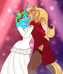 Size: 1000x1175 | Tagged: safe, artist:sunny way, oc, oc only, oc:ayma, oc:wander bliss, horse, unicorn, anthro, anthro oc, blushing, clothes, coat markings, cute, dancing, dappled, dress, evening gloves, female, flower, flower in hair, furry, gloves, lesbian, long gloves, lovely, mare, red clothes, red dress, red gloves, side slit, smiling, stockings, thigh highs, total sideslit, wedding dress