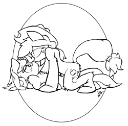 Size: 1760x1740 | Tagged: safe, artist:lucas_gaxiola, applejack, oc, earth pony, pony, g4, canon x oc, chest fluff, eyes closed, female, freckles, hat, kissing, lineart, mare, monochrome, signature, simple background, white background, wide eyes