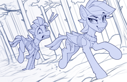 Size: 2300x1492 | Tagged: safe, artist:yakovlev-vad, rainbow dash, oc, oc:skittle, pegasus, pony, g4, clothes, duo, exclamation point, falling, monochrome, patreon, patreon reward, running, scarf, sketch, snow