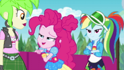 Size: 1280x720 | Tagged: safe, screencap, cherry crash, pinkie pie, rainbow dash, equestria girls, equestria girls specials, g4, my little pony equestria girls: better together, my little pony equestria girls: sunset's backstage pass, animated, background human, ear piercing, earring, female, geode of sugar bombs, jewelry, magical geodes, music festival outfit, piercing, sound, webm