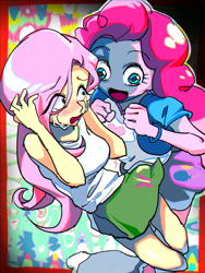 Size: 1500x2000 | Tagged: safe, artist:ceitama, fluttershy, pinkie pie, equestria girls, g4, clothes, crying, duo, implied nightmare, miniskirt, nightmare, scared, skirt, teary eyes