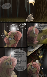 Size: 1181x1920 | Tagged: safe, artist:thechaoticboop, angel bunny, discord, fluttershy, draconequus, pony, rabbit, unicorn, comic:an unexpected visitor, g4, animal, comic, discord (g5), female, fluttershy (g5 concept leak), forest, g5 concept leak style, g5 concept leaks, glowing eyes, magic, mare, redesign, unicorn fluttershy