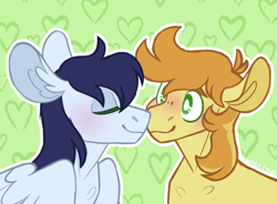 Size: 2160x1588 | Tagged: safe, artist:glowfangs, braeburn, soarin', pony, g4, gay, male, nuzzling, ship:soarburn, shipping