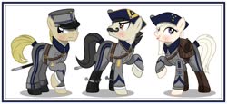 Size: 1280x591 | Tagged: safe, artist:brony-works, earth pony, pony, clothes, facial hair, female, male, mare, moustache, saber, simple background, spurs, stallion, sweden, uniform, weapon, white background