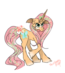 Size: 1280x1446 | Tagged: safe, artist:thechaoticboop, fluttershy, pony, unicorn, g4, female, flower, flower in hair, fluttershy (g5 concept leak), g5 concept leak style, g5 concept leaks, mare, raised hoof, redesign, unicorn fluttershy