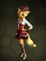 Size: 1280x1707 | Tagged: safe, artist:hauntedtuba, artist:psaxophone, applejack, anthro, g4, arm hooves, boots, clothes, dress, facial markings, female, gears, goggles, hat, hoof on hip, shoes, solo, steampunk, watch