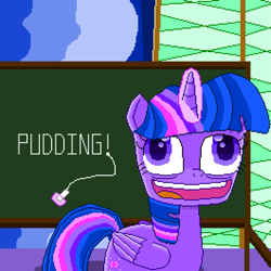 Size: 2449x2449 | Tagged: safe, artist:superhypersonic2000, twilight sparkle, alicorn, pony, g4, my little pony best gift ever, chalkboard, faic, female, high res, pixel art, pudding face, solo, twilight sparkle (alicorn)