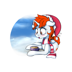Size: 900x900 | Tagged: safe, artist:blastdown, oc, oc only, oc:karma, pony, unicorn, chocolate, christmas, clothes, female, food, hat, holiday, hot chocolate, mare, on side, ponified, reddit, santa hat, scarf, simple background, transparent background, upvote, winter
