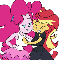 Size: 662x675 | Tagged: source needed, safe, artist:treble clefé, pinkie pie, sunset shimmer, human, all the world's off stage, equestria girls, g4, my little pony equestria girls: better together, cute, duo, female, lesbian, scene interpretation, ship:sunsetpie, shipping, smiling
