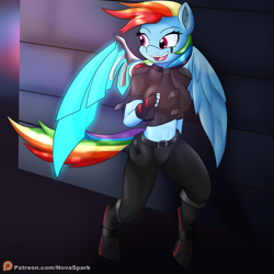 Size: 2300x2300 | Tagged: safe, artist:novaspark, rainbow dash, cyborg, anthro, unguligrade anthro, g4, belly button, clothes, cybernetic wing, cyberpunk, explicit source, female, high res, midriff, patreon, patreon logo, running, short shirt, solo