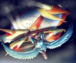 Size: 1280x1056 | Tagged: safe, artist:tillie-tmb, pegasus, pony, airship, flying, male, night, solo, stallion, traditional art