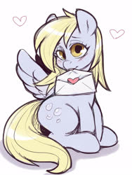 Size: 1200x1600 | Tagged: safe, artist:noupie, derpy hooves, pegasus, pony, g4, cute, derpabetes, female, letter, mare, mouth hold, simple background, sitting, solo, white background