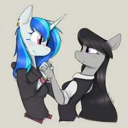 Size: 800x800 | Tagged: safe, artist:sinrar, dj pon-3, octavia melody, vinyl scratch, earth pony, unicorn, anthro, g4, blushing, clothes, dancing, ear piercing, earring, eye contact, female, hoodie, jewelry, lesbian, looking at each other, piercing, ship:scratchtavia, shipping, simple background, tan background, vest