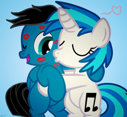 Size: 3600x3300 | Tagged: safe, artist:agkandphotomaker2000, dj pon-3, vinyl scratch, oc, oc:pony video maker, pegasus, pony, unicorn, g4, bipedal, canon x oc, cheek kiss, duo, eyes closed, female, filly, filly vinyl scratch, high res, kiss mark, kissing, lipstick, male, one eye closed, open mouth, videoscratch, younger