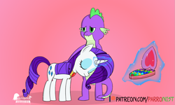 Size: 1441x862 | Tagged: safe, artist:parronist, rarity, spike, dragon, pony, unicorn, g4, female, male, mare, ship:sparity, shipping, straight