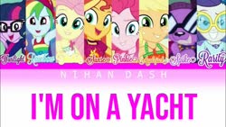 Size: 1280x720 | Tagged: safe, applejack, fluttershy, pinkie pie, rainbow dash, rarity, sci-twi, spike, spike the regular dog, sunset shimmer, twilight sparkle, dog, equestria girls, g4, i'm on a yacht, my little pony equestria girls: better together, geode of shielding, geode of super strength, humane five, humane seven, humane six, magical geodes, rapper spike
