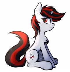 Size: 1600x1650 | Tagged: safe, artist:tatykin, oc, oc only, oc:blackjack, pony, unicorn, fallout equestria, fallout equestria: project horizons, chest fluff, fanfic, fanfic art, female, hooves, horn, looking back, mare, simple background, sitting, small horn, solo, two toned mane, two toned tail, white background