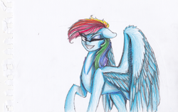 Size: 1426x899 | Tagged: safe, artist:penrosa, rainbow dash, pegasus, pony, g4, badass, eyelashes, female, grin, mare, one eye closed, raised hoof, simple background, smiling, smirk, solo, spread wings, traditional art, white background, wings, wink