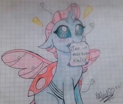 Size: 848x720 | Tagged: safe, artist:andrealaloka2006, ocellus, changedling, changeling, g4, :3, blushing, cute, diaocelles, female, graph paper, heart, paper, smiling, solo, spanish, text, traditional art, translated in the comments