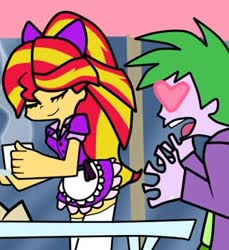 Size: 320x350 | Tagged: safe, artist:hannah-joy64, spike, sunset shimmer, equestria girls, g4, clothes, crack shipping, cropped, eyes closed, female, heart eyes, maid, male, panty and stocking with garterbelt, ship:sunsetspike, shipping, straight, wingding eyes