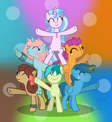 Size: 1200x1312 | Tagged: safe, artist:andrealaloka2006, artist:melodysweetheart, gallus, ocellus, sandbar, silverstream, smolder, yona, earth pony, pegasus, pony, unicorn, g4, she's all yak, base used, bracelet, cute, diaocelles, diastreamies, disguise, disguised changeling, ear piercing, earring, eyes closed, female, freckles, gallabetes, gradient background, jewelry, male, necklace, not scootaloo, piercing, ponified, pony gallus, pony ocellus, pony pyramid, pony silverstream, pony smolder, pony yona, sandabetes, simple background, smiling, smolderbetes, species swap, student six, sweet dreams fuel, teenager, yonadorable