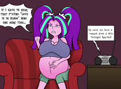 Size: 1700x1253 | Tagged: safe, artist:foxtide888, artist:pacificside18, aria blaze, equestria girls, g4, angry, belly, belly button, big belly, big breasts, boombox, breasts, cleavage, clothes, couch, dialogue, female, huge breasts, outie belly button, pregnant, pregnant equestria girls, radio, resentment, shorts, solo, tank top