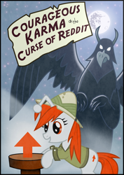 Size: 2061x2910 | Tagged: safe, artist:cuwxnerd, oc, oc:karma, griffon, pony, unicorn, book cover, clothes, costume, cover, eared griffon, female, hat, high res, mare, moon, parody, ponified, reddit, upvote, vector, wide eyes