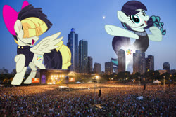 Size: 2270x1513 | Tagged: safe, artist:auskeldeo, artist:dashiesparkle, artist:jhayarr23, coloratura, songbird serenade, earth pony, pegasus, pony, g4, my little pony: the movie, bipedal, building, city, duo, female, giant earth pony, giant pegasus, giant ponies in real life, giant pony, giantess, headworn microphone, highrise ponies, irl, light, macro, microphone, night, photo, ponies in real life, pop star pony, raised hoof, standing