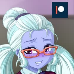 Size: 342x342 | Tagged: safe, artist:uotapo, edit, sugarcoat, equestria girls, g4, blushing, classroom, cringing, cropped, female, glasses, patreon, patreon logo, solo