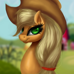 Size: 2000x2000 | Tagged: dead source, safe, artist:stormystica, applejack, earth pony, pony, g4, blurry background, bust, female, high res, looking at you, mare, portrait, solo, speedpaint available, sweet apple acres