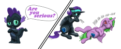 Size: 3173x1296 | Tagged: safe, artist:vasillium, spike, oc, oc:nox (rule 63), oc:nyx, alicorn, dragon, pony, g4, accessory, adorable face, adorkable, alicorn oc, brother, brother and sister, clothes, colt, cute, cutie mark, dork, eyes open, family, female, filly, happy, headband, horn, laughing, male, moon, nostrils, open mouth, palette swap, prince, question, question mark, r63 paradox, recolor, royalty, rule 63, self paradox, self ponidox, shield, siblings, simple background, sister, smiling, speech bubble, standing, symbol, talking, teeth, text, transparent background, wall of tags, wings