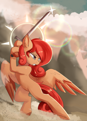 Size: 2092x2916 | Tagged: safe, artist:beardie, oc, oc only, oc:cinnarose, pegasus, pony, angry, bipedal, commission, dust cloud, female, halo, high res, lidded eyes, mare, sliding, solo, sword, weapon